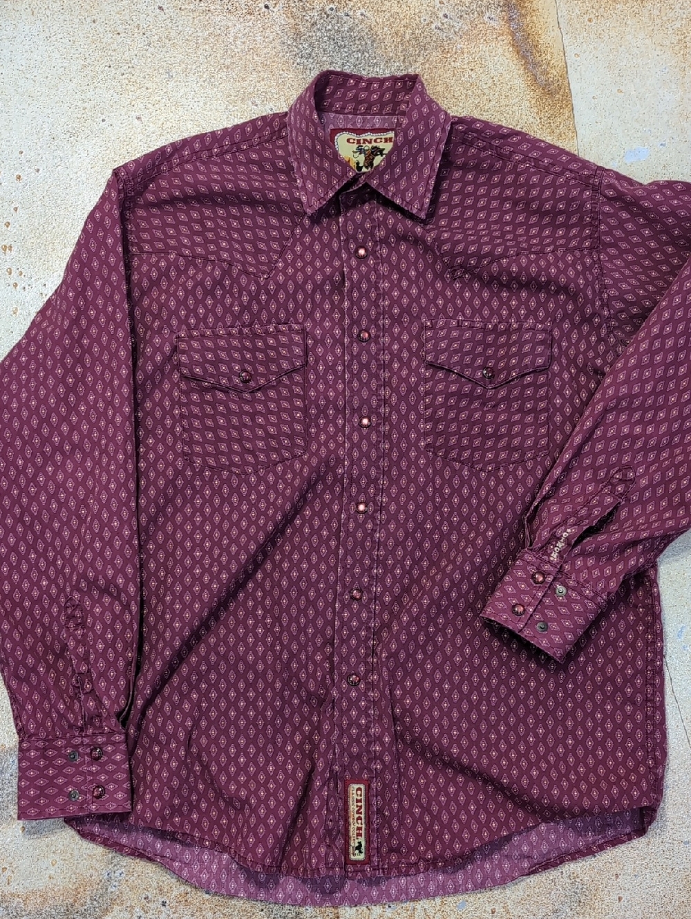 Cinch Men's Wine Diamond-Print Western Button Down Shirt Size S